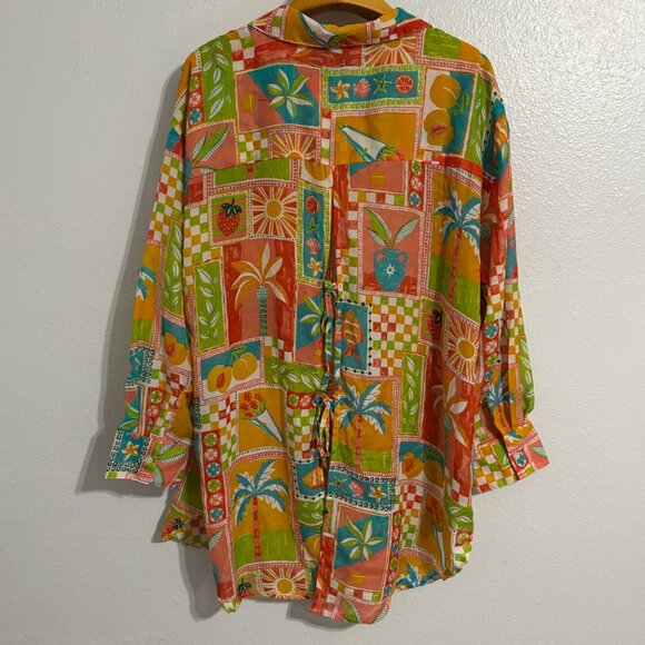 Violet Sky Tropical Patchwork Blouse Women’s 2X Colorful Palm Tree Print Shirt - Picture 3 of 11